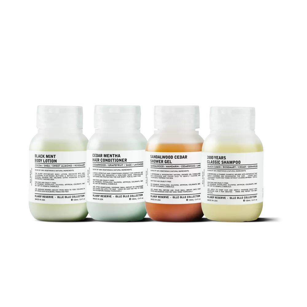 4 bottles of 100ml Klarif mignons, shampoo, conditioner, body lotion and shower gel.